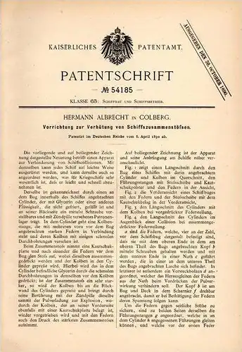 Original Patentschrift - H. Albrecht in Colberg / Kolberg , 1890 , Apparat gegen Schiffunfälle , Schiff , Hafen !!!