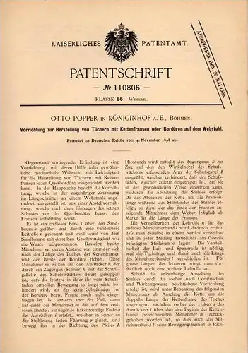 Original Patentschrift - O. Popper in Königinhof a.E., Böhmen ,1898 , Apparat zur Tuch und Fransenherstellung , Webstuhl