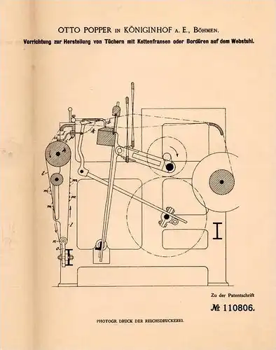 Original Patentschrift - O. Popper in Königinhof a.E., Böhmen ,1898 , Apparat zur Tuch und Fransenherstellung , Webstuhl