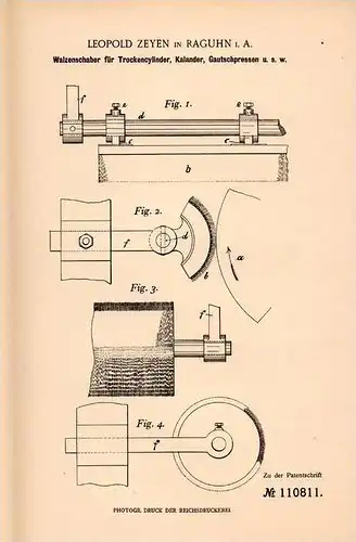Original Patentschrift - L. Zeyen in Raguhn - Jeßnitz in S.-A., 1899 , Walzenschaber für Gautschpressen !!!