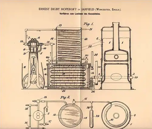 Original Patentschrift - E. Hoperoft in Jarfield , Worcester , 1899 , Lösen von Kesselstein , Kessel !!!