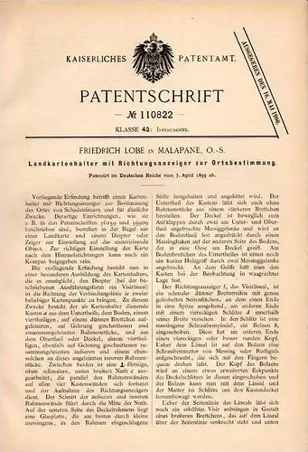 Original Patentschrift - F. Lobe in Malapane / Ozimek , O.-S., 1899 , Anzeiger zur Ortsbestimmung für Landkarten !!!