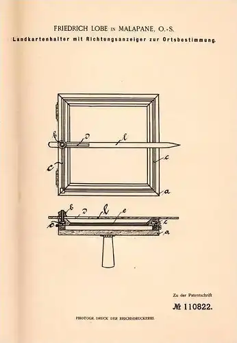 Original Patentschrift - F. Lobe in Malapane / Ozimek , O.-S., 1899 , Anzeiger zur Ortsbestimmung für Landkarten !!!