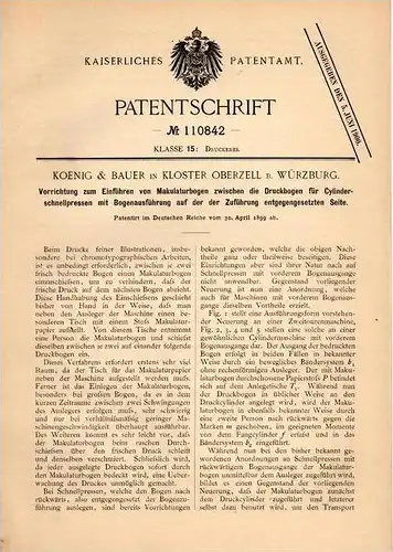 Original Patentschrift - Koenig & Bauer in Kloster Oberzell b. Würzburg ,1899, Apparat für Makulatur , Druckerei , Druck