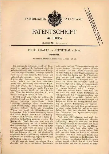 Original Patentschrift - Otto Graetz in Reichthal / Rychtal i. Schlesien , 1898 , Barometer , Luftdruck !!!