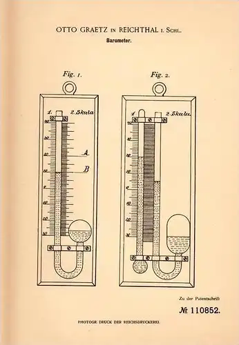 Original Patentschrift - Otto Graetz in Reichthal / Rychtal i. Schlesien , 1898 , Barometer , Luftdruck !!!