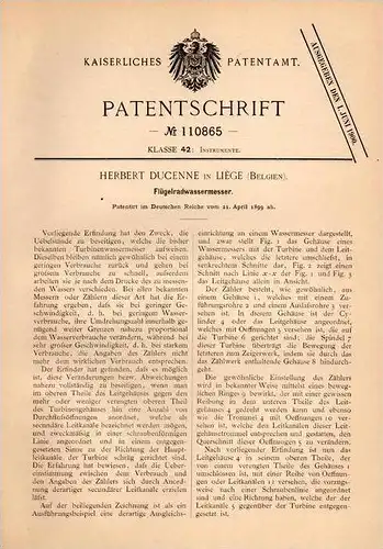 Original Patentschrift - Herbert Ducenne in Liege , Belgien , 1899 , Flügelrad - Wassermesser , Wasseruhr !!!