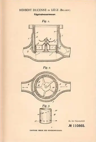 Original Patentschrift - Herbert Ducenne in Liege , Belgien , 1899 , Flügelrad - Wassermesser , Wasseruhr !!!