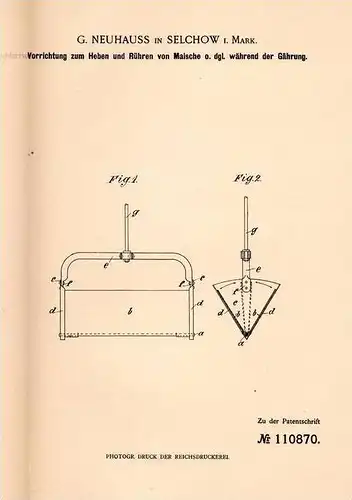 Original Patentschrift - G. Heuhauss in Selchow b. Storkow i. Mark , 1899 ,Apparat für Maische , Brauerei , Brennerei !!