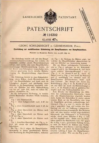Original Patentschrift -  Georg Schildknecht in Germersheim , Pfalz , 1897 , Schmierapparat für Dampfmaschine !!!