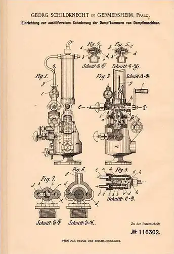 Original Patentschrift -  Georg Schildknecht in Germersheim , Pfalz , 1897 , Schmierapparat für Dampfmaschine !!!