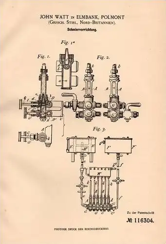 Original Patentschrift - John Watt in Elmbank , Polmont , Grafsch. Stirl , 1899 , Schierapparat für Maschinen !!!