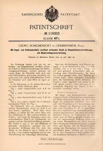 Original Patentschrift - G. Schildknecht in Germersheim , Pfalz , 1897 , Ventil für Dampfschmierapparaten !!!
