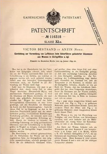Original Patentschrift - Victor Bertrand in Anzin , Nord , 1899 , Apparat für Glas , Spiegel , Spiegelglas !!!