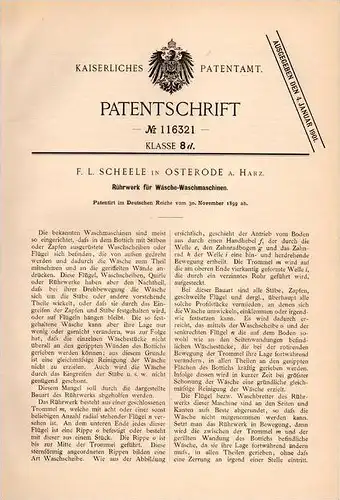 Original Patentschrift - F.L. Scheele in Osterode a. Harz , 1899 , Rührwerk für Waschmaschine !!!