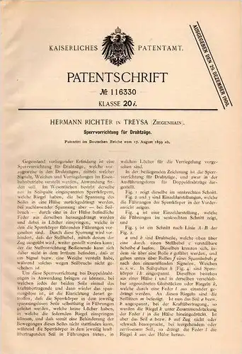 Original Patentschrift - H. Richter in Treysa - Ziegenhain b. Schwalmstadt , 1899 , Sperrapparat für Drahtzüge !!!