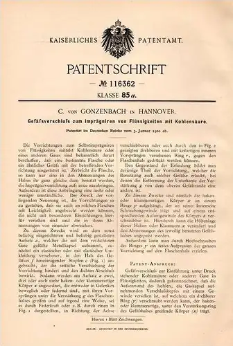 Original Patentschrift - C. von Gonzenbach in Hannover , 1900 , Gefäßverschluß zum Imprägnieren von Kohlensäure !!!