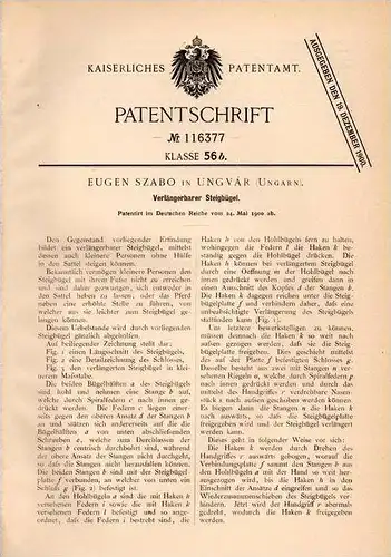 Original Patentschrift - Eugen Szabo in Ungvár / Uzhhorod , 1900 , Steigbügel für Pferd , Pferde !!!