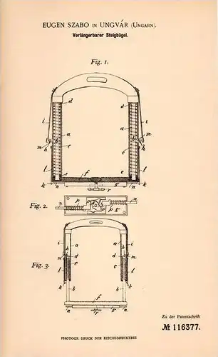 Original Patentschrift - Eugen Szabo in Ungvár / Uzhhorod , 1900 , Steigbügel für Pferd , Pferde !!!