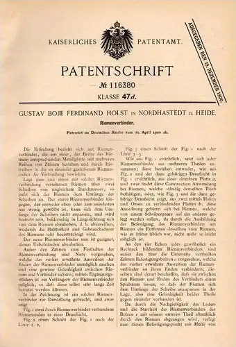 Original Patentschrift - G. Holst in Nordhastedt b. Heide , 1900 , Riemenverbinder !!!
