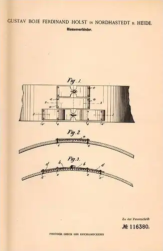 Original Patentschrift - G. Holst in Nordhastedt b. Heide , 1900 , Riemenverbinder !!!