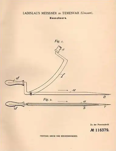 Original Patentschrift - L. Meissner in Temesvar , Ungarn , 1900 , Heuscheere , Heu , Landwirtschaft !!!