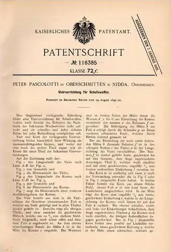 Original Patentschrift - P. Pascolotti in Oberschmitten b. Nidda , Oberhessen , 1899 , Visier für Schußwaffen , Gewehr !