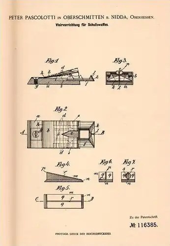 Original Patentschrift - P. Pascolotti in Oberschmitten b. Nidda , Oberhessen , 1899 , Visier für Schußwaffen , Gewehr !
