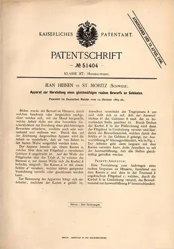 Original Patentschrift - Jean Heinen in St. Moritz , Schweiz , 1889 , Rauhputz - Apparat für Häuser , Putzmaschine , Bau