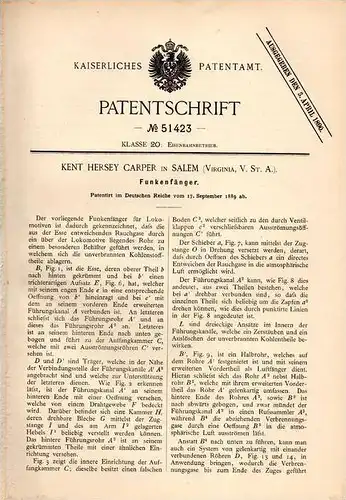 Original Patentschrift - K. Carper in Salem , Virginia , USA , 1889 , Funkenfänger für Lokomotive , Dampflok !!!