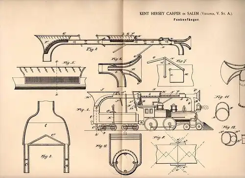 Original Patentschrift - K. Carper in Salem , Virginia , USA , 1889 , Funkenfänger für Lokomotive , Dampflok !!!