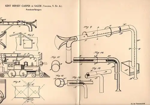 Original Patentschrift - K. Carper in Salem , Virginia , USA , 1889 , Funkenfänger für Lokomotive , Dampflok !!!