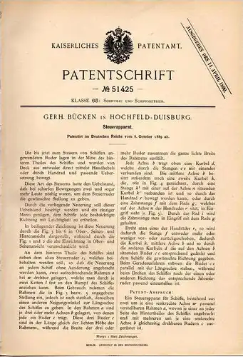 Original Patentschrift - G. Bücken in Hochfeld - Duisburg , 1889 , Steuerapparat für Schiffe , Schiff !!!