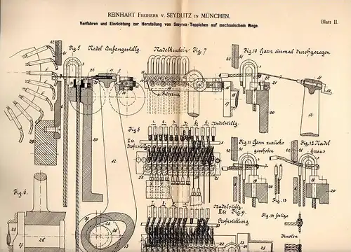 Original Patentschrift - Reinhart Freiherr von Seydlitz in München , 1889 , Herstellung von Smyrna - Teppich , Perser