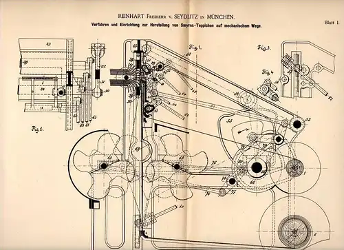 Original Patentschrift - Reinhart Freiherr von Seydlitz in München , 1889 , Herstellung von Smyrna - Teppich , Perser