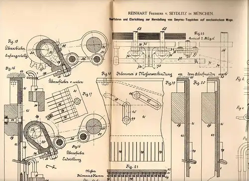 Original Patentschrift - Reinhart Freiherr von Seydlitz in München , 1889 , Herstellung von Smyrna - Teppich , Perser