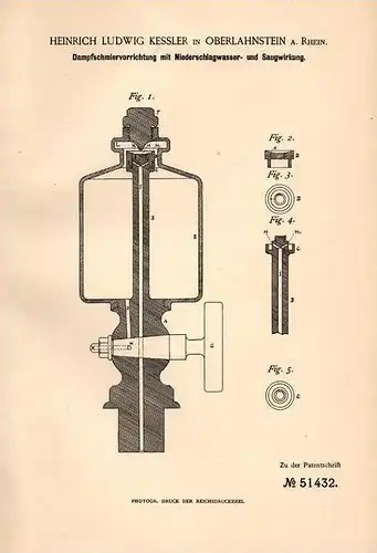 Original Patentschrift - H. Kessler in Oberlahnstein a. Rhein , 1889 , Dampfschmierapparat  !!!