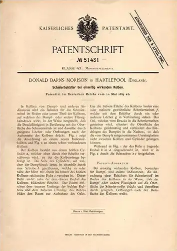 Original Patentschrift - D. Morison in Hartlepool , England , 1889 , Schmierbehälter für Dampfmaschine !!!