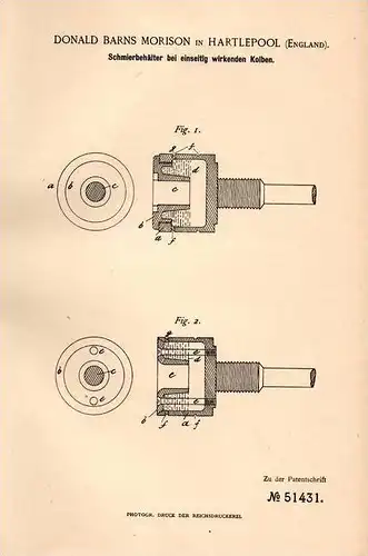 Original Patentschrift - D. Morison in Hartlepool , England , 1889 , Schmierbehälter für Dampfmaschine !!!