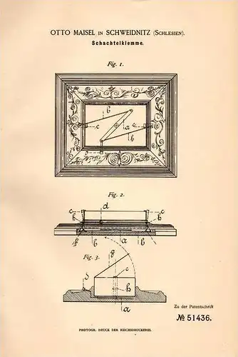 Original Patentschrift - Otto Maisel in Schweidnitz / Swidnica i. Schlesien , 1889 , Schachtelklemme , Streichholz !!!