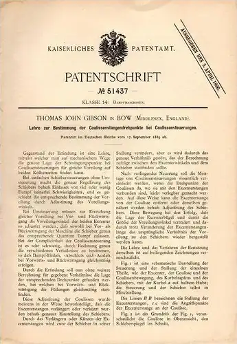 Original Patentschrift - T. Gibson in Bow , Middlesex , 1889 , Lehre für Coulissen !!!