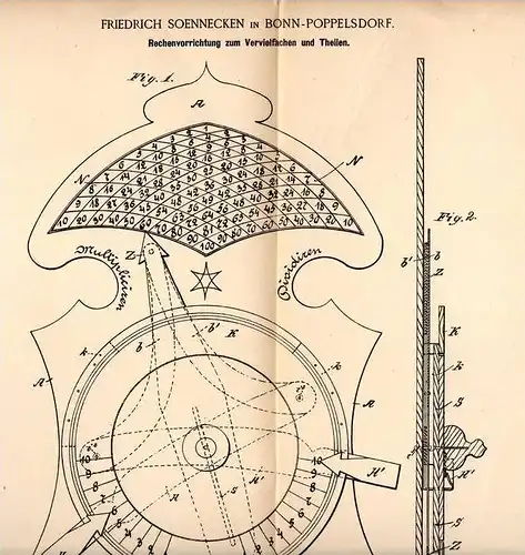 Original Patentschrift - Friedrich Soennecken in Bonn - Poppelsdorf , 1889 , Rechenapparat , Mathematik , Rechnen !!!