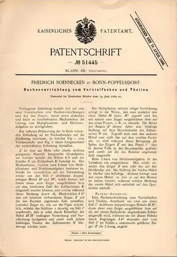 Original Patentschrift - Friedrich Soennecken in Bonn - Poppelsdorf , 1889 , Rechenapparat , Mathematik , Rechnen !!!