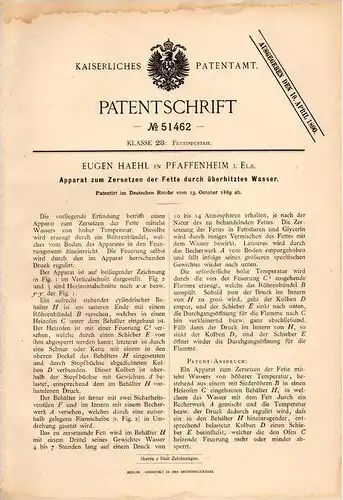 Original Patentschrift - Eugen Haehl in Pfaffenheim i. Elsass , 1889 , Apparat zum Zersetzen von Fett !!!