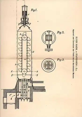 Original Patentschrift - Eugen Haehl in Pfaffenheim i. Elsass , 1889 , Apparat zum Zersetzen von Fett !!!
