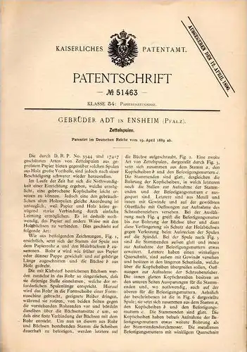 Original Patentschrift - Gebr. Adt in Ensheim b. Wörrstadt , Pfalz , 1889 . Zettelspulen !!!