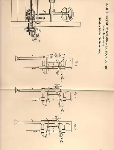 Original Patentschrift - Société Dévigne et Durand in La Tour du Pin , Isére ,1887, Schusswächter für Webstuhl , Weberei