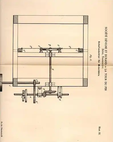 Original Patentschrift - Société Dévigne et Durand in La Tour du Pin , Isére ,1887, Schusswächter für Webstuhl , Weberei