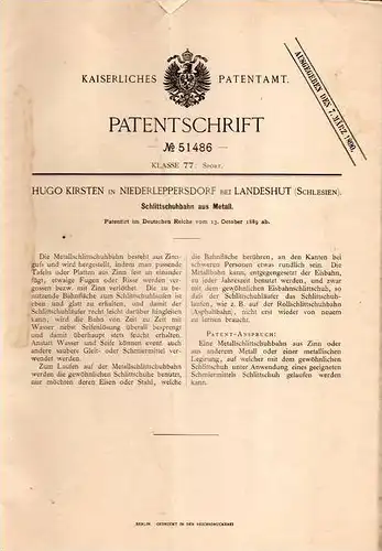 Original Patentschrift - H. Kirsten in Niederleppersdorf b. Landeshut , Schlesien , 1889 , Schlittschuhbahn , Eislauf !!