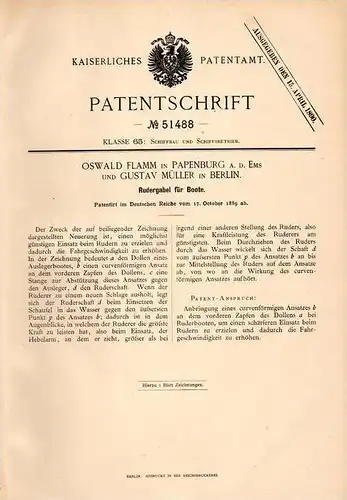 Original Patentschrift - O. Flamm in Papenburg a.d. Ems , 1889 , Rudergabel für Boote , Ruder , Boot !!!